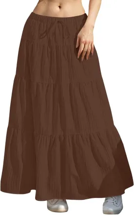 Maxi Skirts for Women Flowy Drawstring Elastic Waist Tiered Ruffle Hem Skort Summer Casual Solid Color A Line Skirt