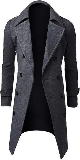 Men's Classic Wool Blend Pea Coat Double Breasted Mid Long Trench Coat Winter Slim Fit Business Pea Jacket Overcoat