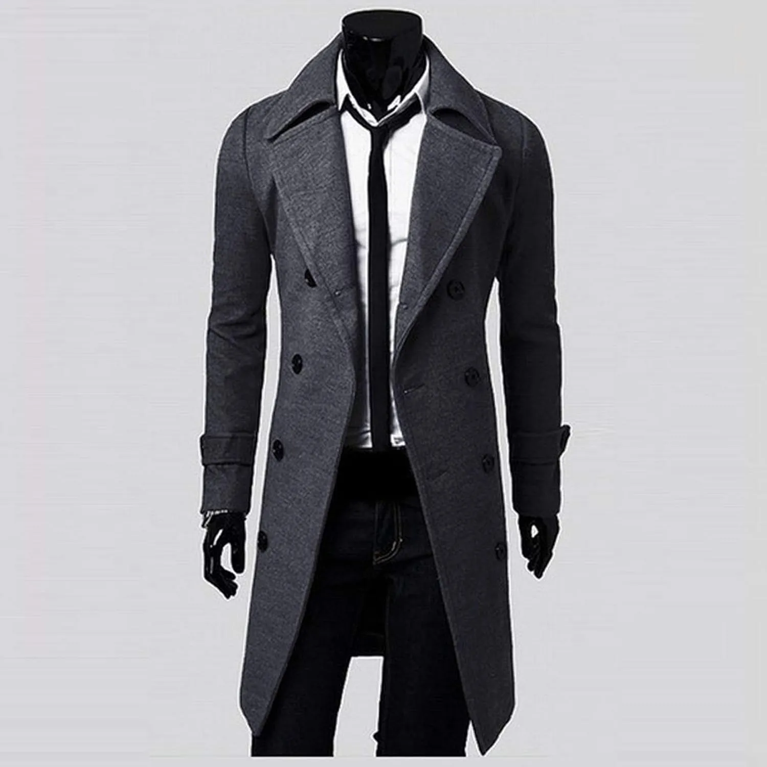 Men's Classic Wool Blend Pea Coat Double Breasted Mid Long Trench Coat Winter Slim Fit Business Pea Jacket Overcoat