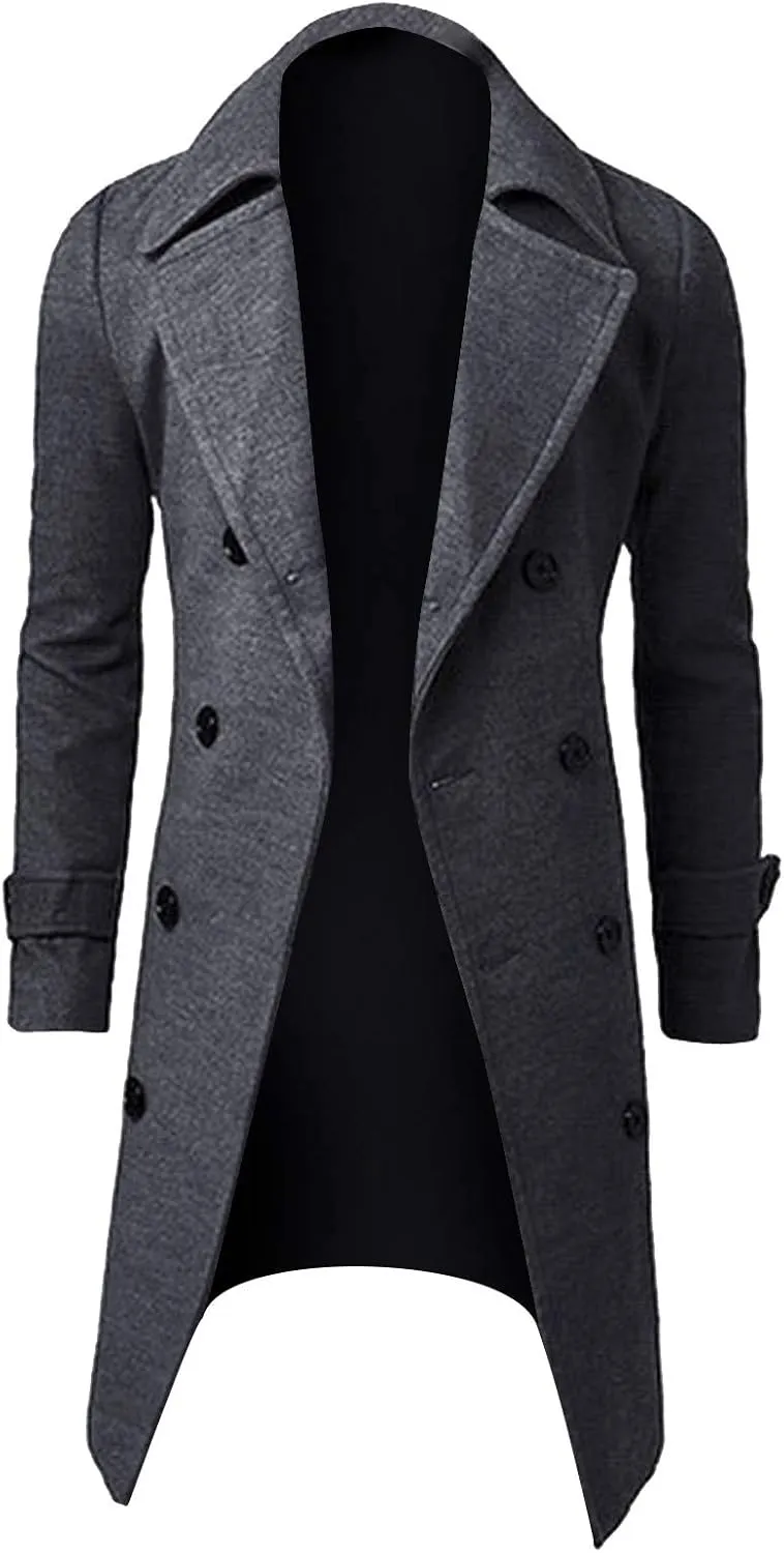 Men's Classic Wool Blend Pea Coat Double Breasted Mid Long Trench Coat Winter Slim Fit Business Pea Jacket Overcoat