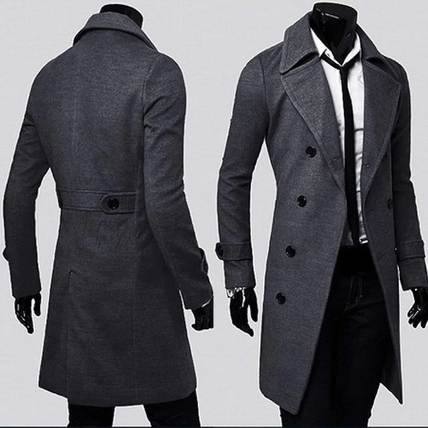 Men's Classic Wool Blend Pea Coat Double Breasted Mid Long Trench Coat Winter Slim Fit Business Pea Jacket Overcoat