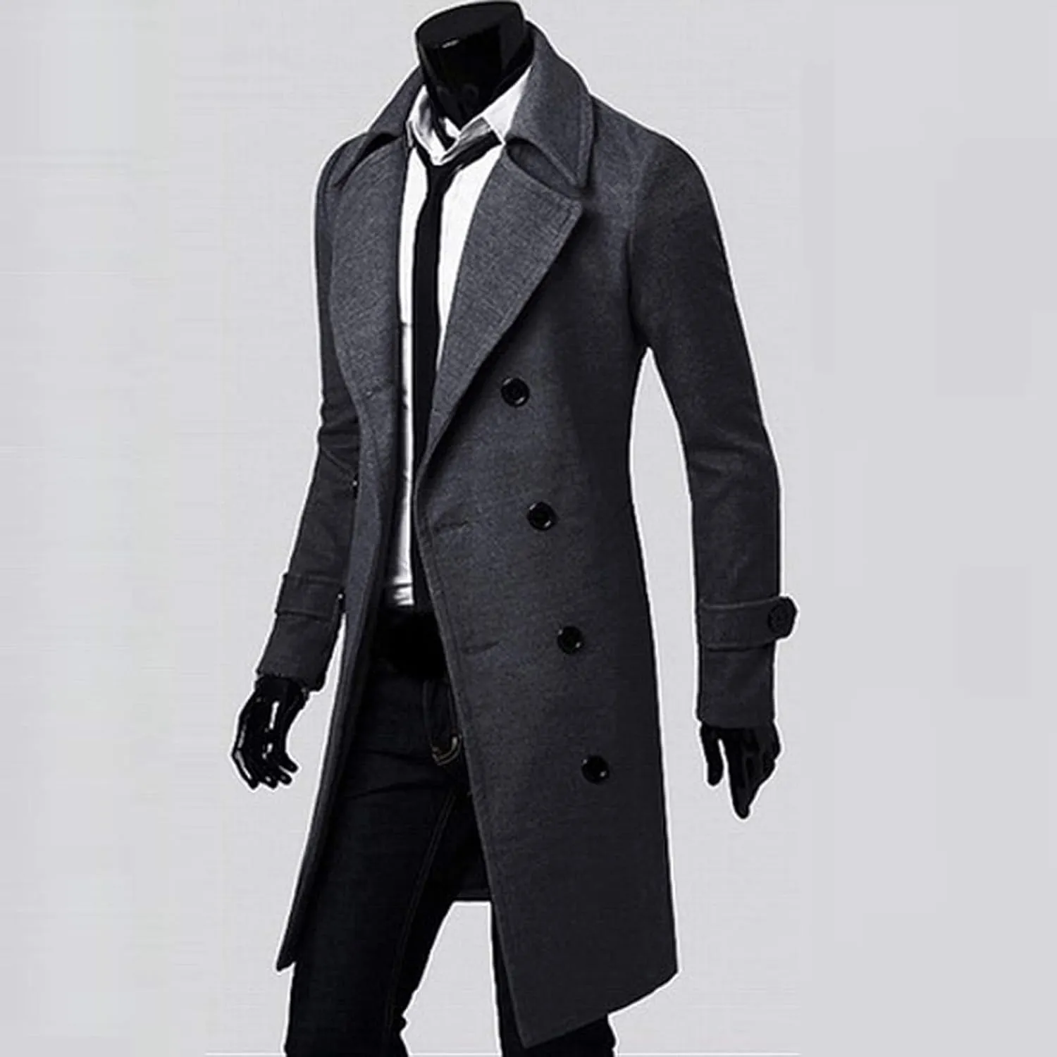Men's Classic Wool Blend Pea Coat Double Breasted Mid Long Trench Coat Winter Slim Fit Business Pea Jacket Overcoat