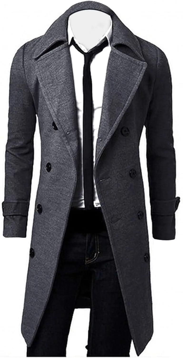 Men's Classic Wool Blend Pea Coat Double Breasted Mid Long Trench Coat Winter Slim Fit Business Pea Jacket Overcoat
