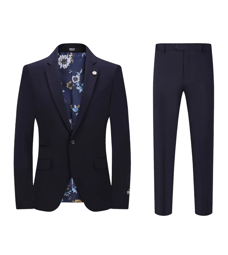 Men's navy blue slim fit stretch material suit one button notch lapel flat front pants