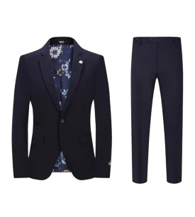 Men's navy blue slim fit stretch material suit one button notch lapel flat front pants