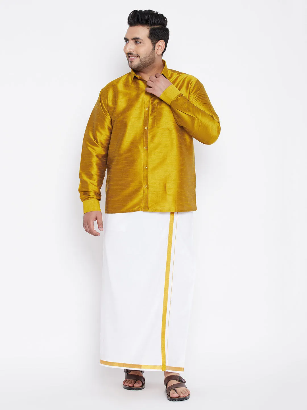 Men's Plus Mustard Silk Blend Ethnic Shirt - Vastramay