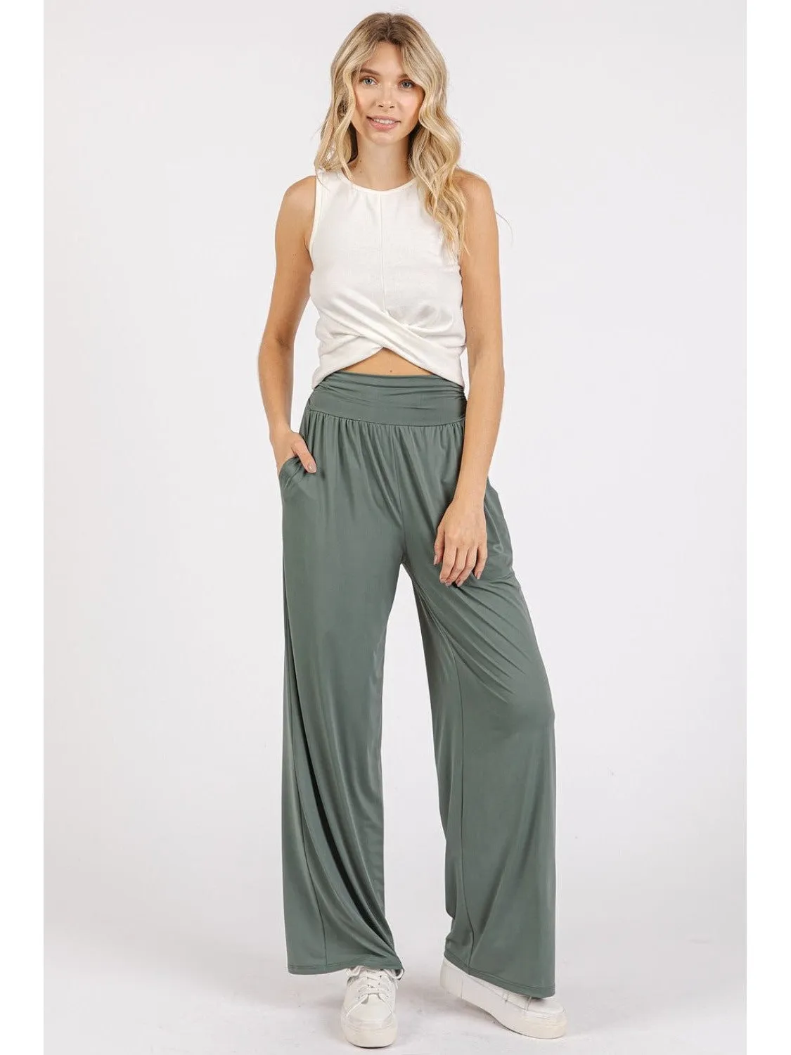 Mittoshop Stretch Banded Waist Wide Leg Pants with Pockets