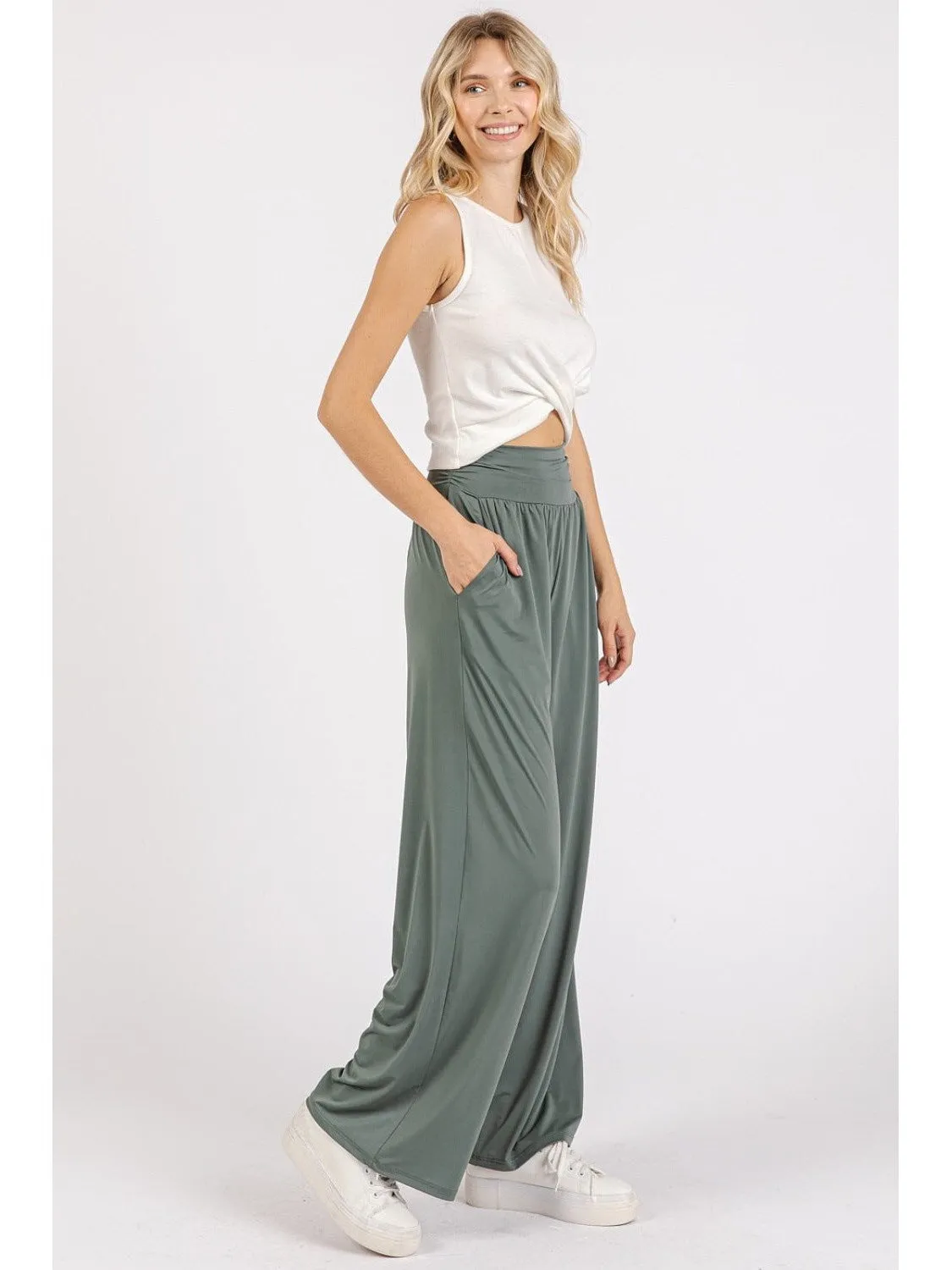 Mittoshop Stretch Banded Waist Wide Leg Pants with Pockets