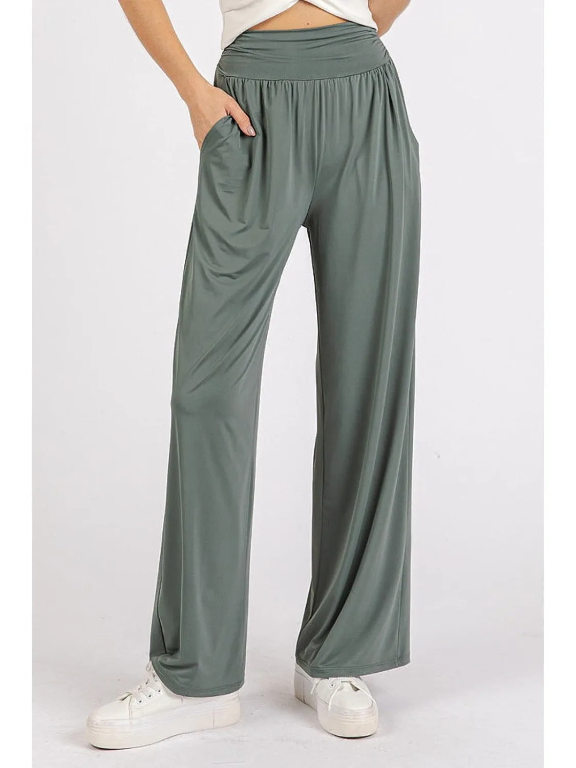 Mittoshop Stretch Banded Waist Wide Leg Pants with Pockets