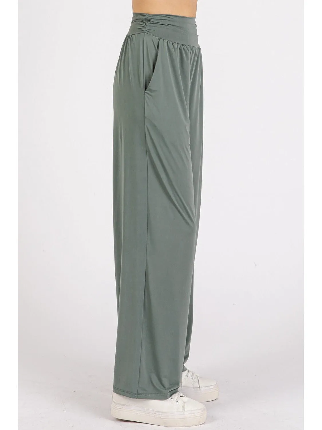 Mittoshop Stretch Banded Waist Wide Leg Pants with Pockets