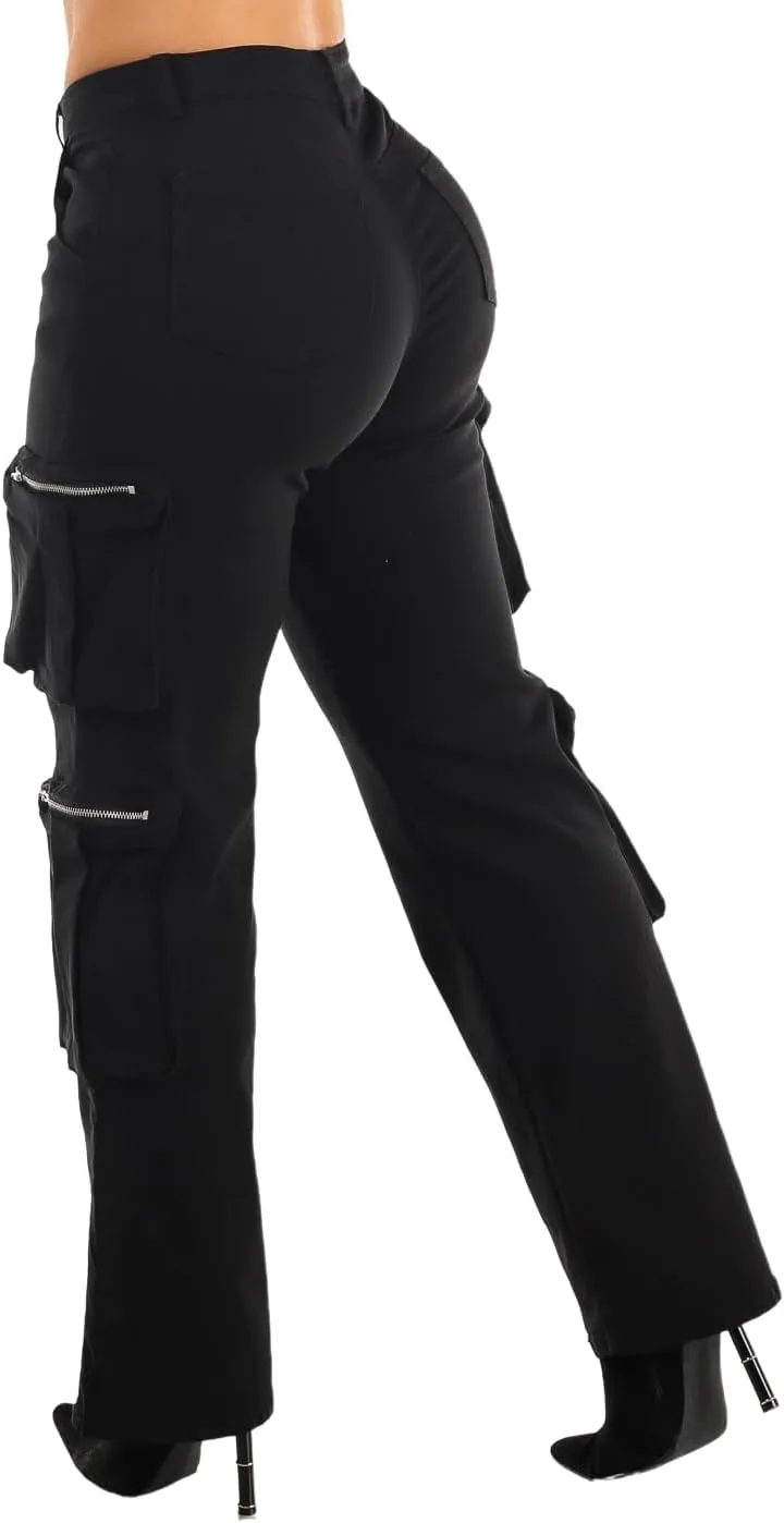 Moda Xpress Women's Casual High Waisted Stretchy Wide Leg Cargo Denim Jeans and Pants with Pockets for Women