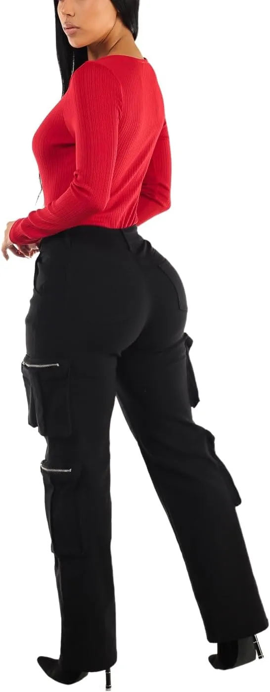 Moda Xpress Women's Casual High Waisted Stretchy Wide Leg Cargo Denim Jeans and Pants with Pockets for Women