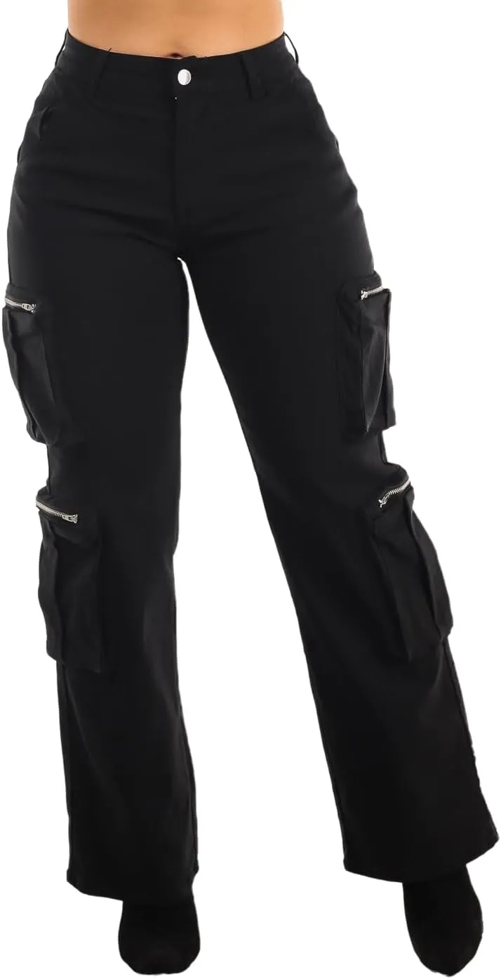 Moda Xpress Women's Casual High Waisted Stretchy Wide Leg Cargo Denim Jeans and Pants with Pockets for Women