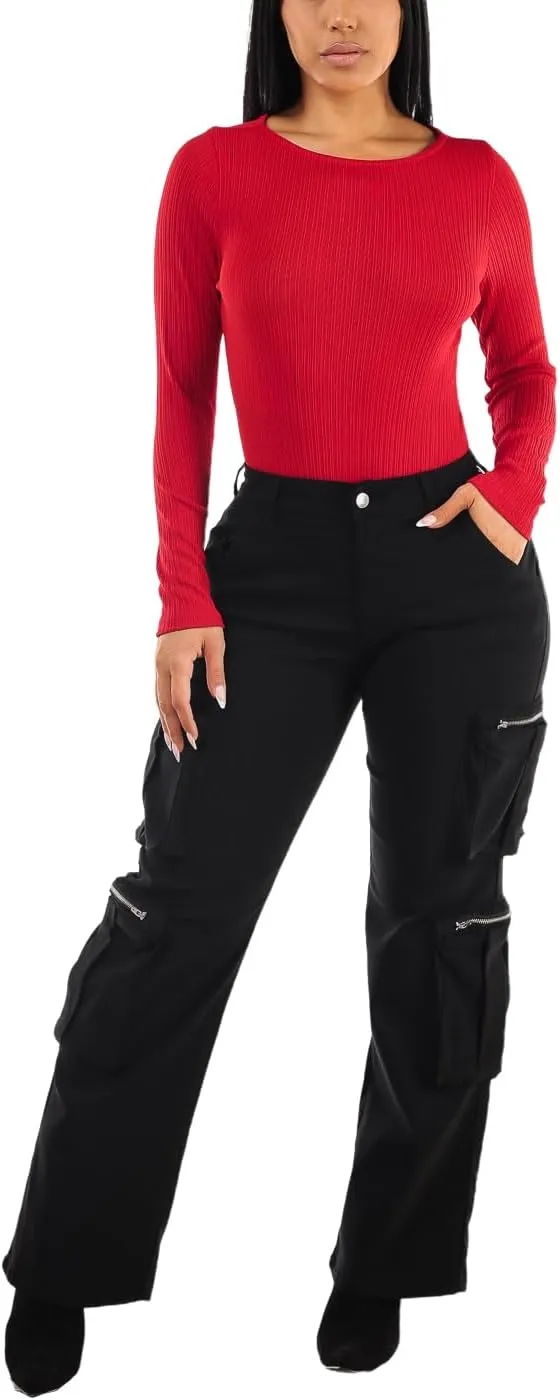 Moda Xpress Women's Casual High Waisted Stretchy Wide Leg Cargo Denim Jeans and Pants with Pockets for Women