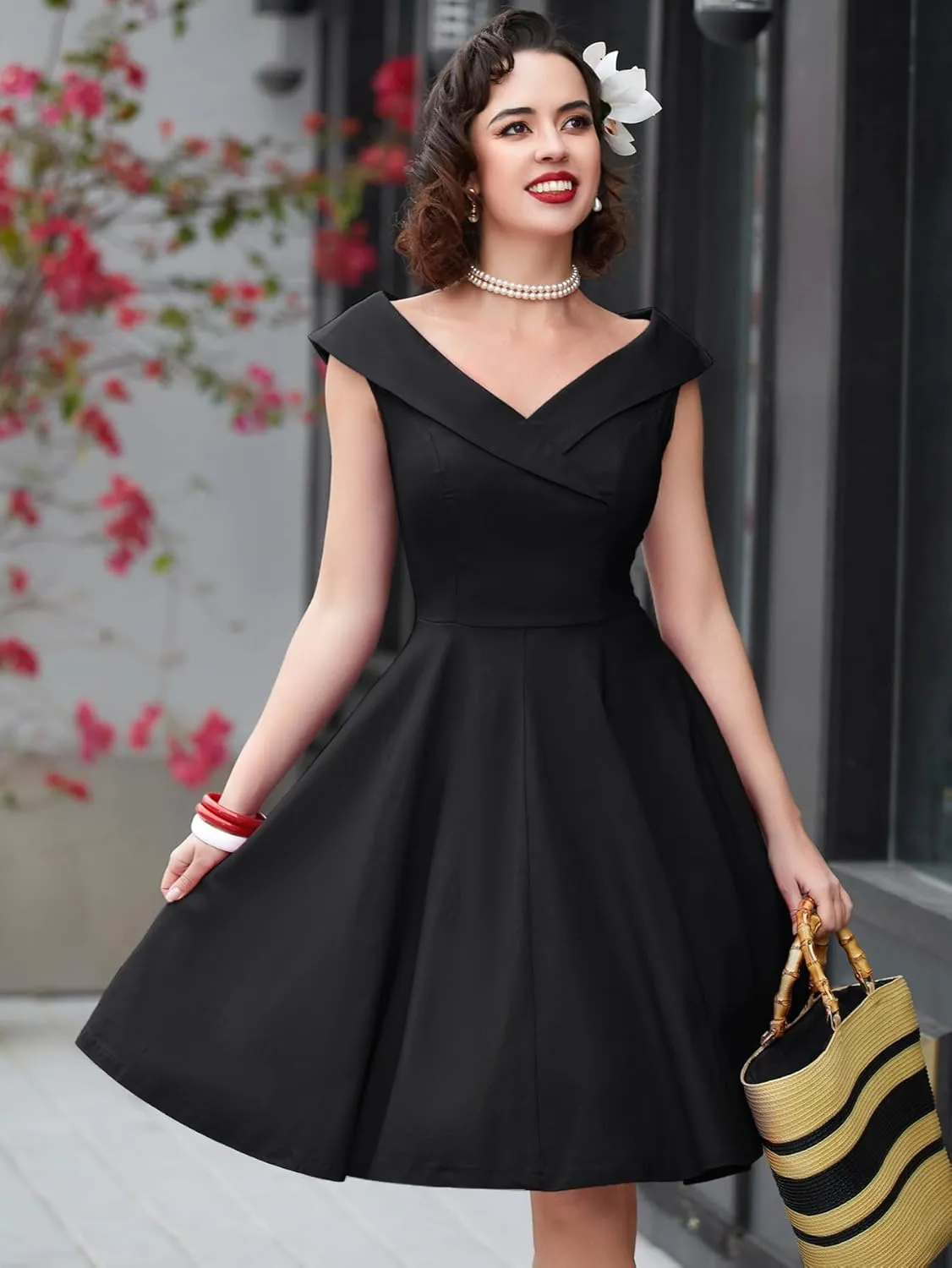 MUXXN Women's 1950s Retro Vintage Sleeveless V Neck Midi Cocktail Swing Dress