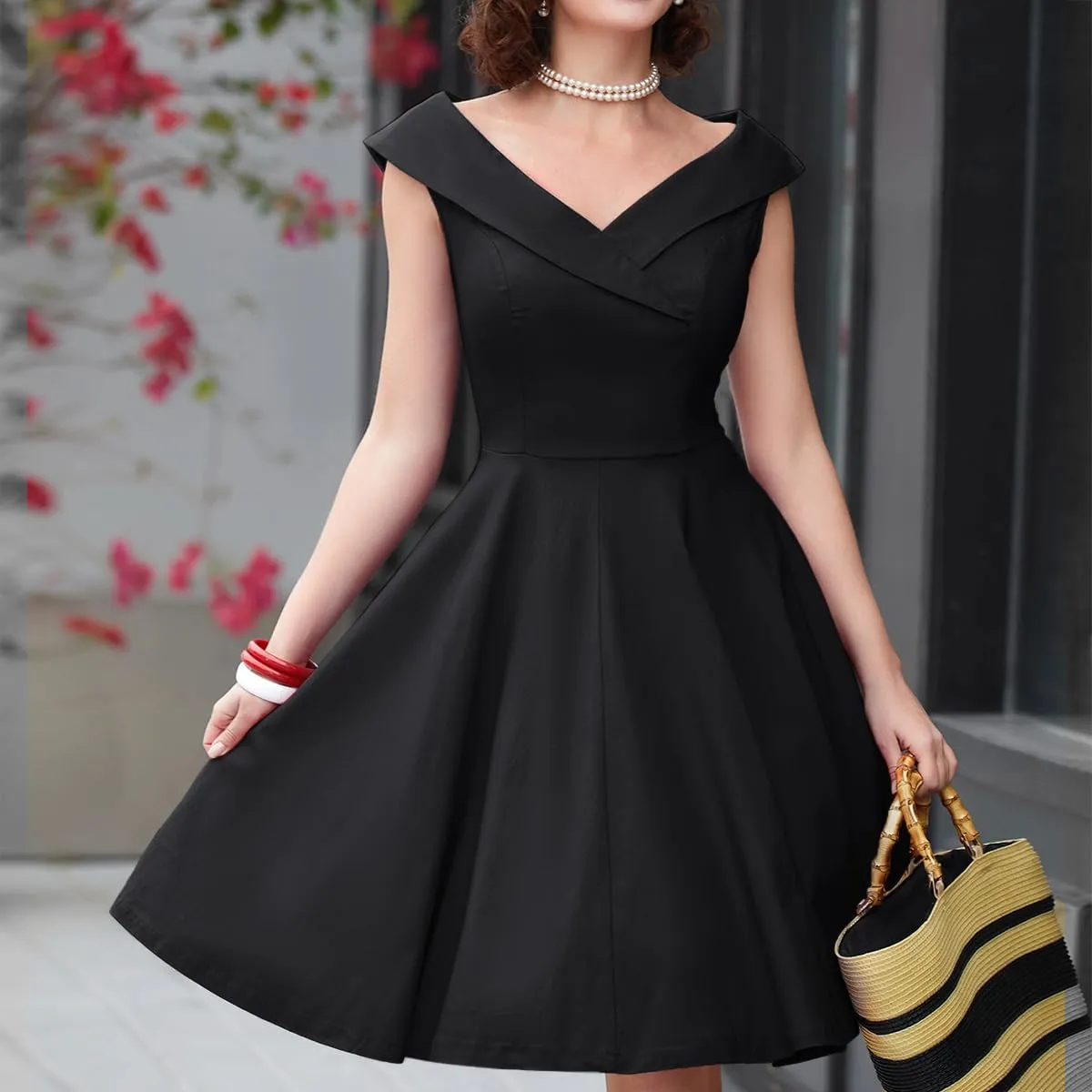 MUXXN Women's 1950s Retro Vintage Sleeveless V Neck Midi Cocktail Swing Dress