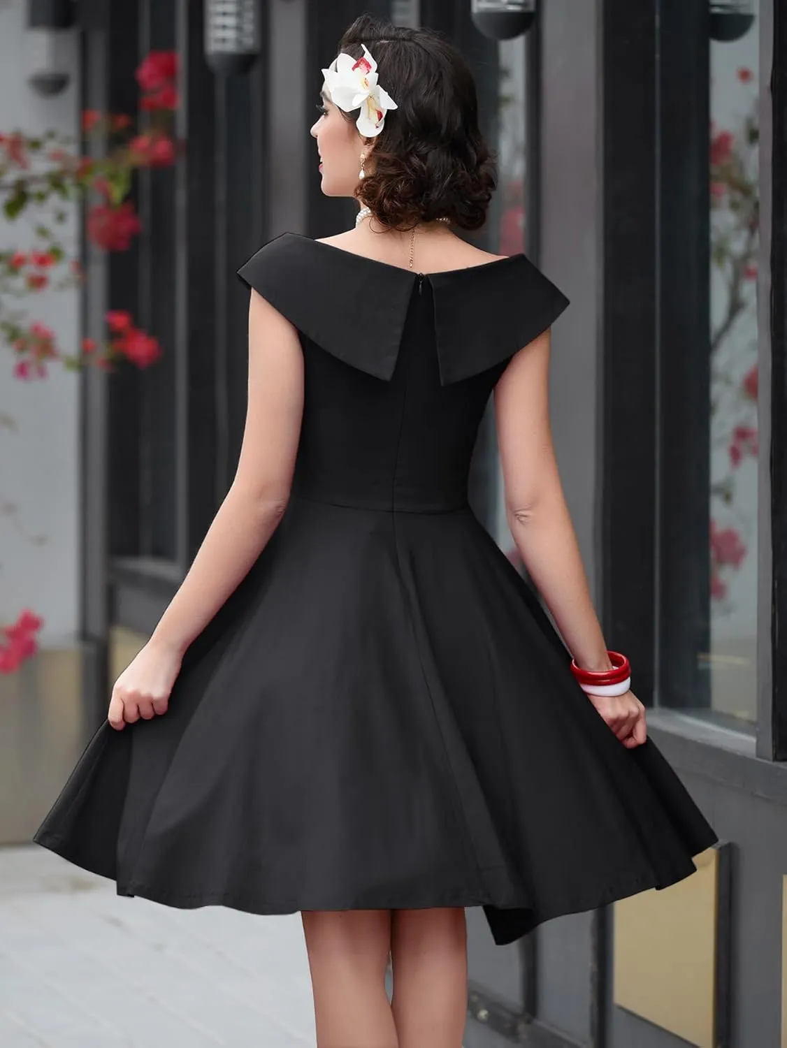 MUXXN Women's 1950s Retro Vintage Sleeveless V Neck Midi Cocktail Swing Dress