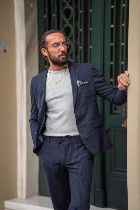 Navy-Blue Plaid Casual Suit.