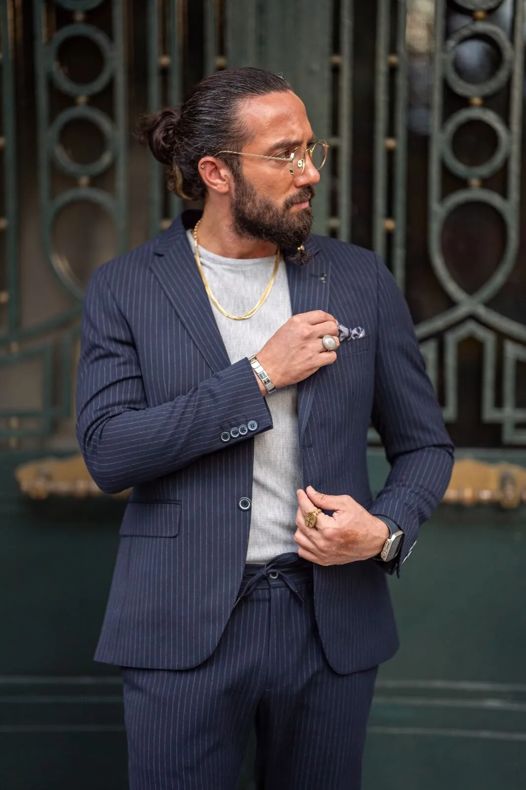 Navy-Blue Plaid Casual Suit.