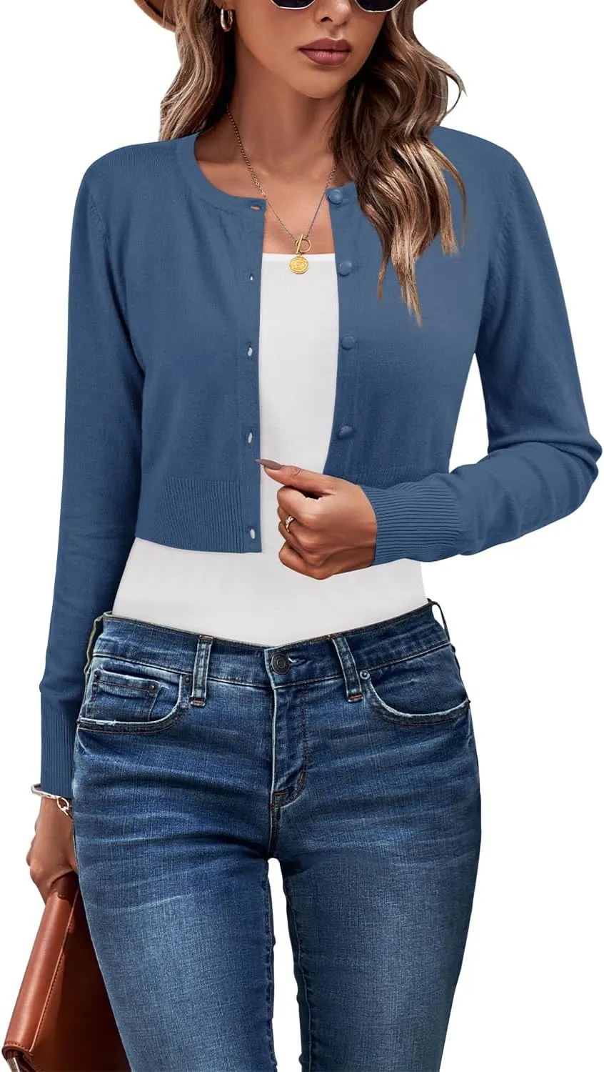Newshows Cropped Cardigan Sweaters for Women 2025 Crew Neck Button Down Open Front Knit Bolero Shrugs