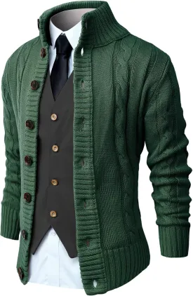 NITAGUT Mens Long Sleeve Stand Collar Cardigan Sweaters Button Down Cable Knitted Sweater