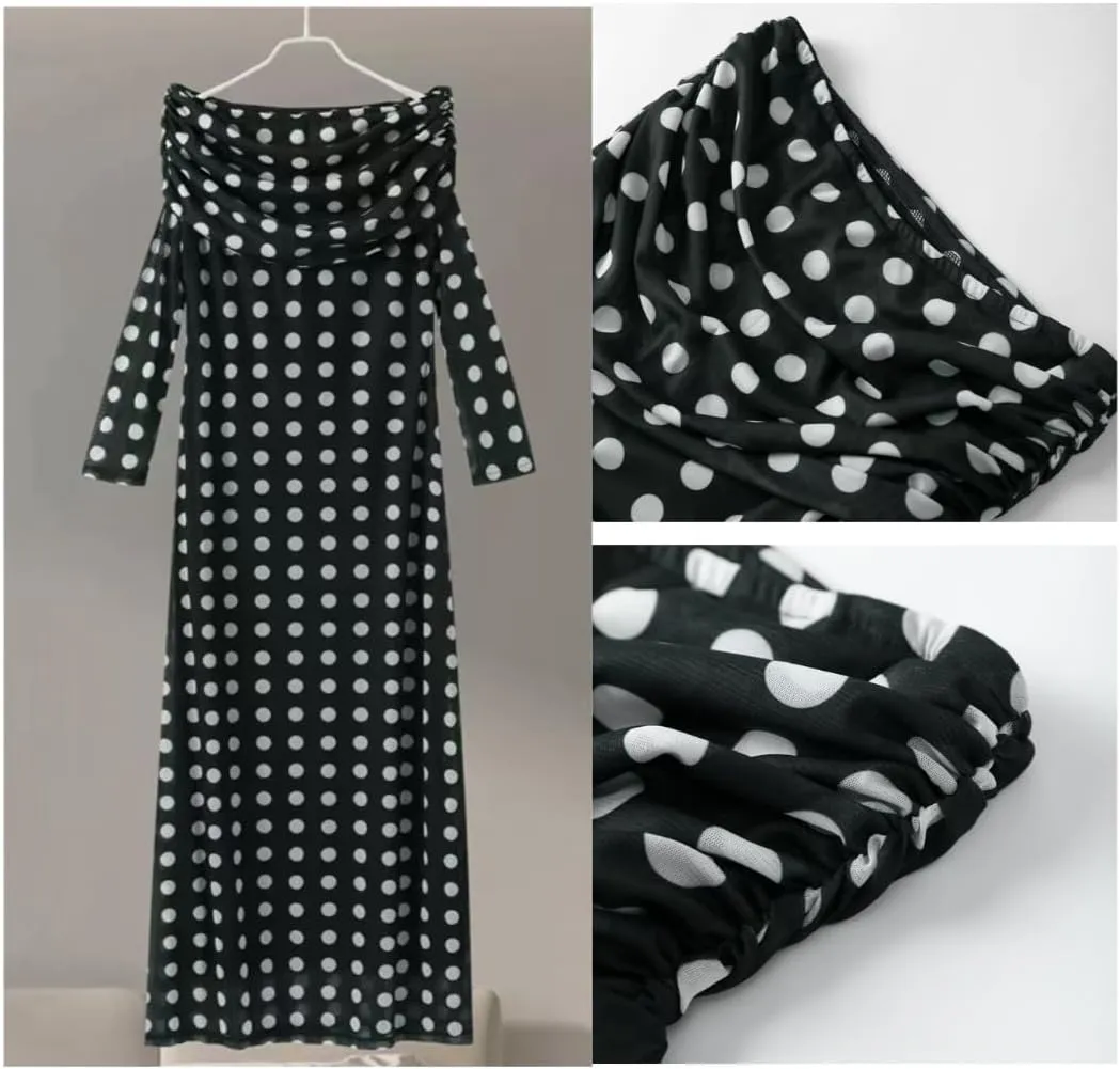 Polka Dot Maxi Dress for Women Long Sleeve Off The Shoulder Maxi Dresses Sexy Mesh Party Dress Going Out