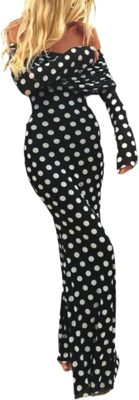 Polka Dot Maxi Dress for Women Long Sleeve Off The Shoulder Maxi Dresses Sexy Mesh Party Dress Going Out