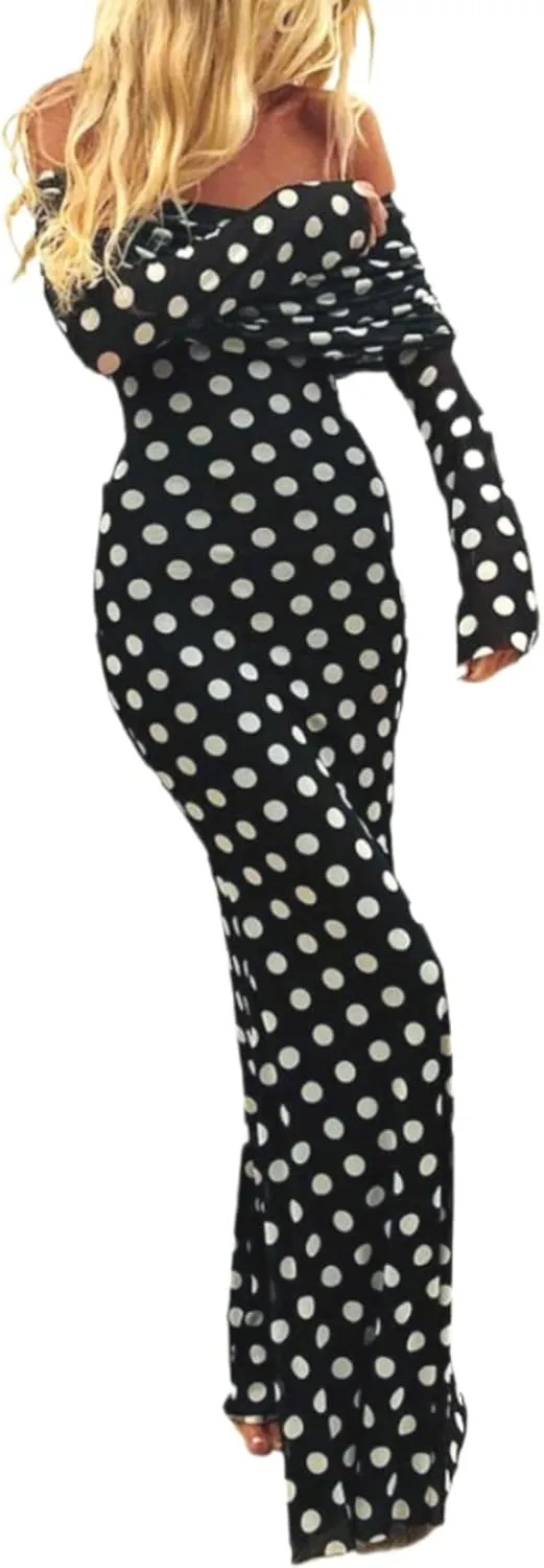 Polka Dot Maxi Dress for Women Long Sleeve Off The Shoulder Maxi Dresses Sexy Mesh Party Dress Going Out