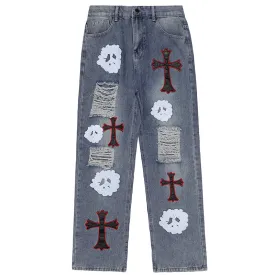 PopFlying Distressed Jeans Chrome Heart Ghost