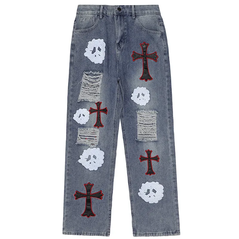 PopFlying Distressed Jeans Chrome Heart Ghost
