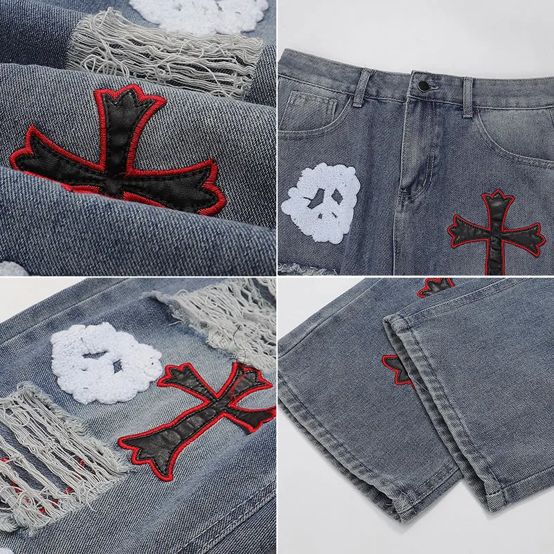 PopFlying Distressed Jeans Chrome Heart Ghost