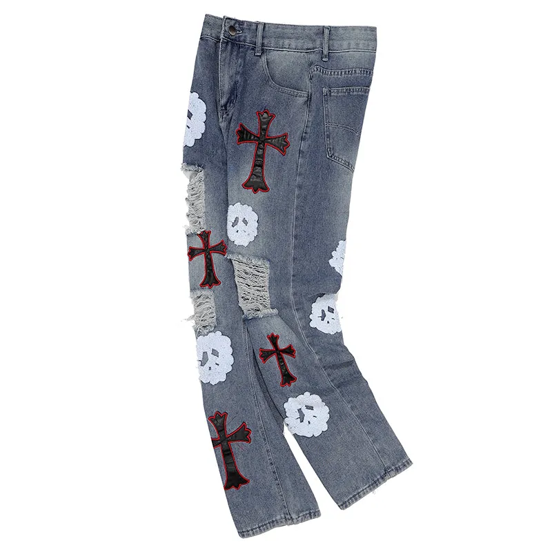 PopFlying Distressed Jeans Chrome Heart Ghost