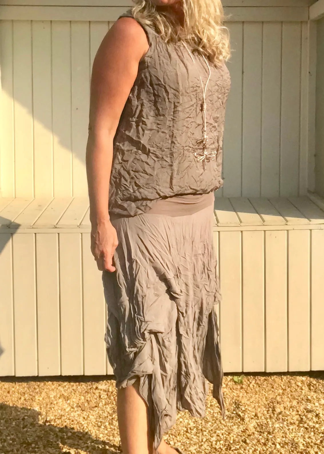 Pure Silk Vest Top in Mocha Made In Italy by Feathers Of Italy One Size