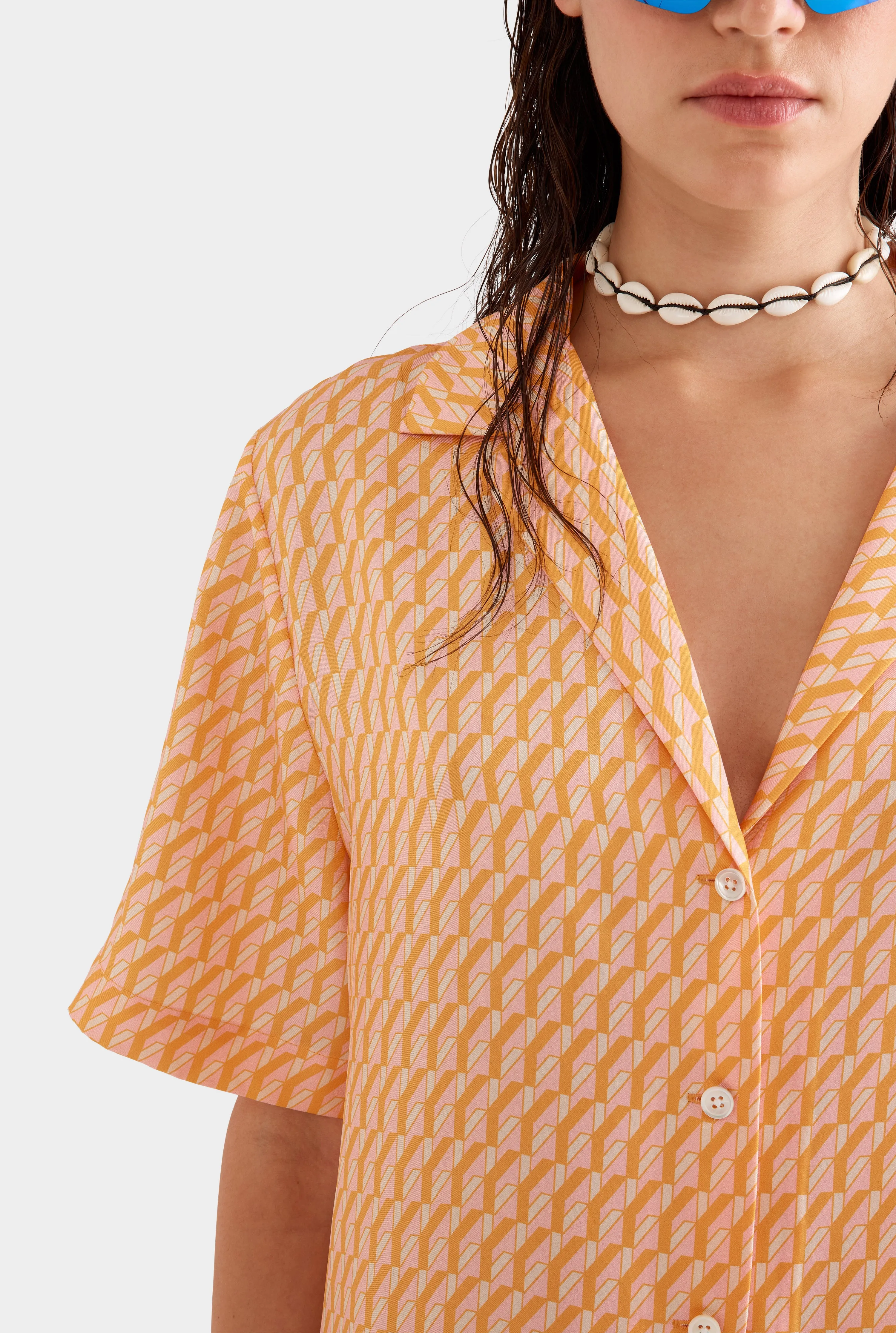 Relaxed Silk Camp Collar Shirt -  Bright Orange/Pink V Monogram