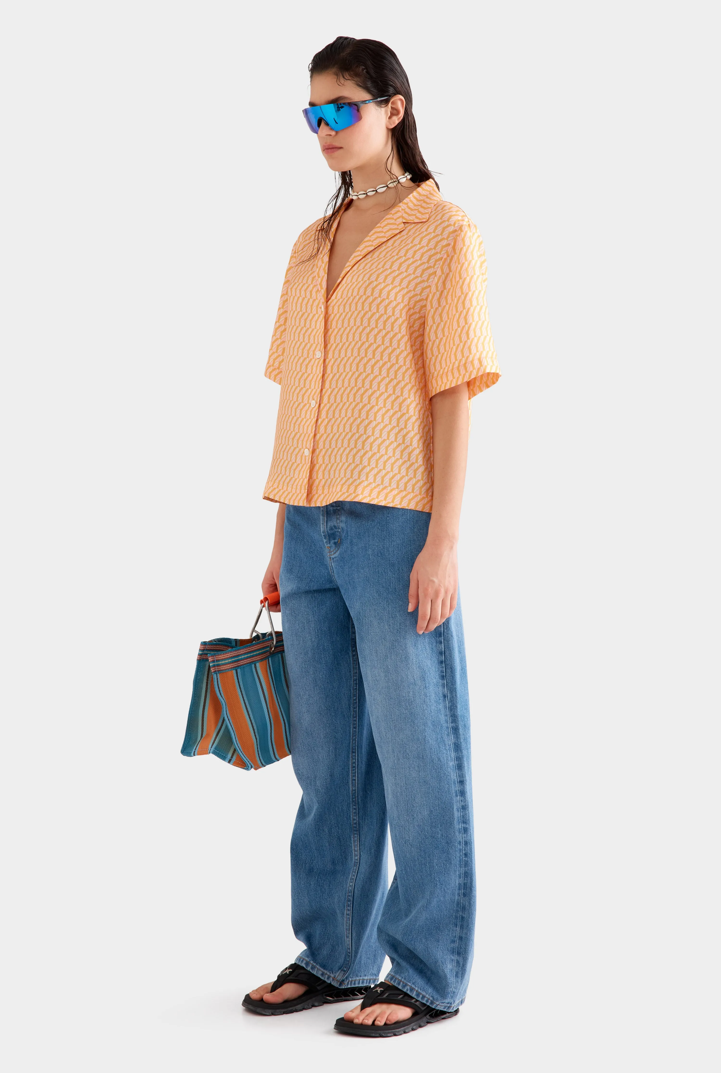 Relaxed Silk Camp Collar Shirt -  Bright Orange/Pink V Monogram