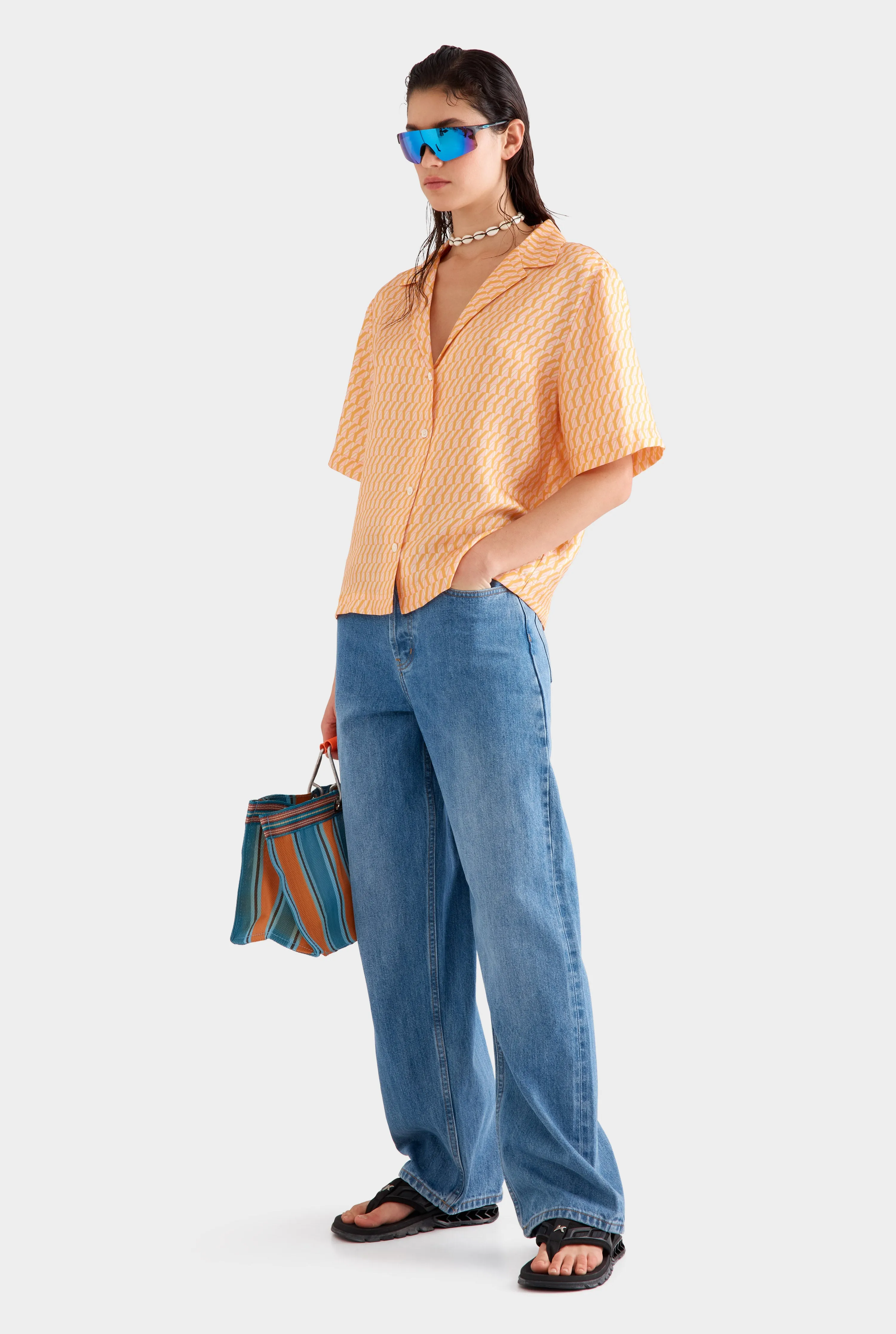 Relaxed Silk Camp Collar Shirt -  Bright Orange/Pink V Monogram