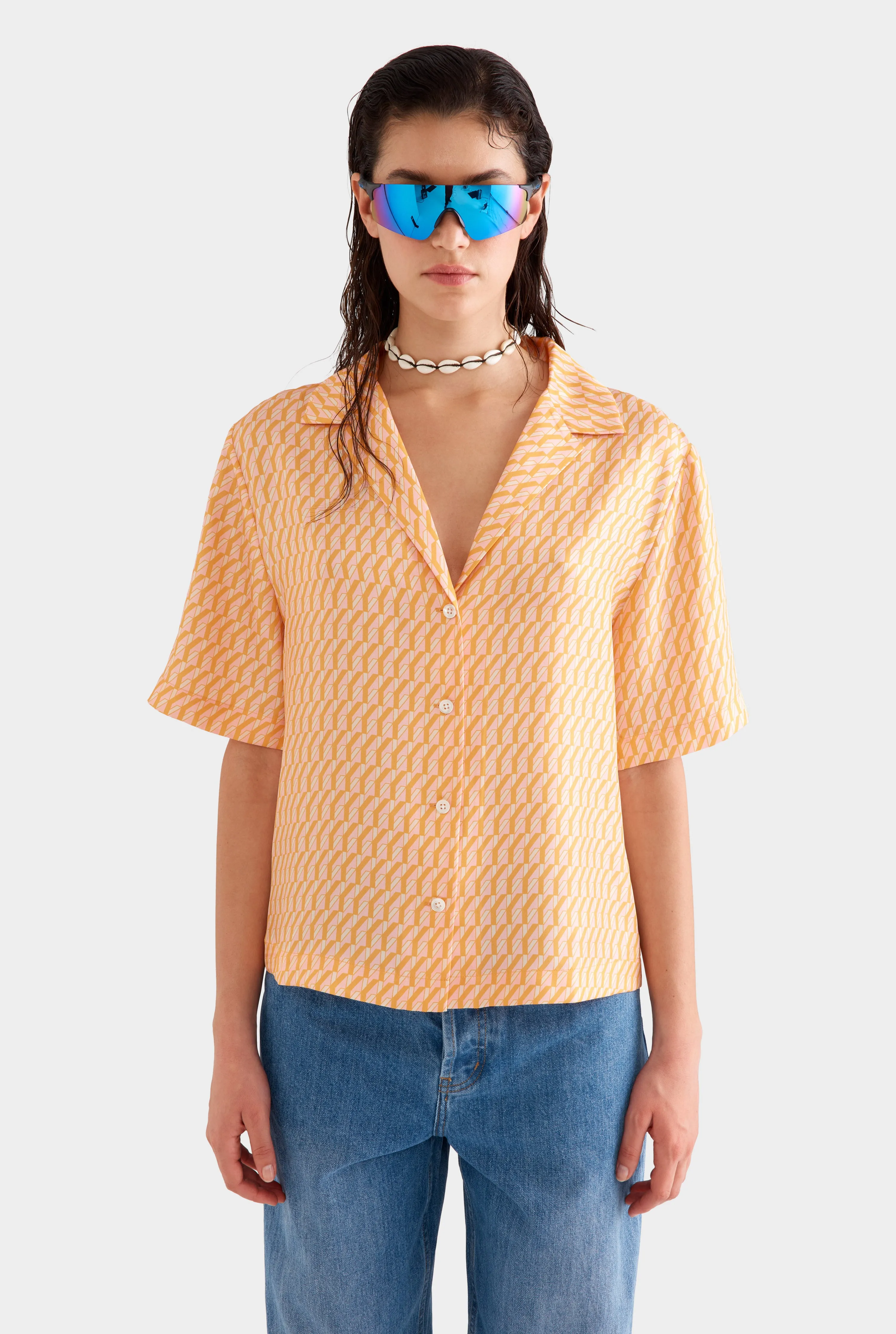 Relaxed Silk Camp Collar Shirt -  Bright Orange/Pink V Monogram