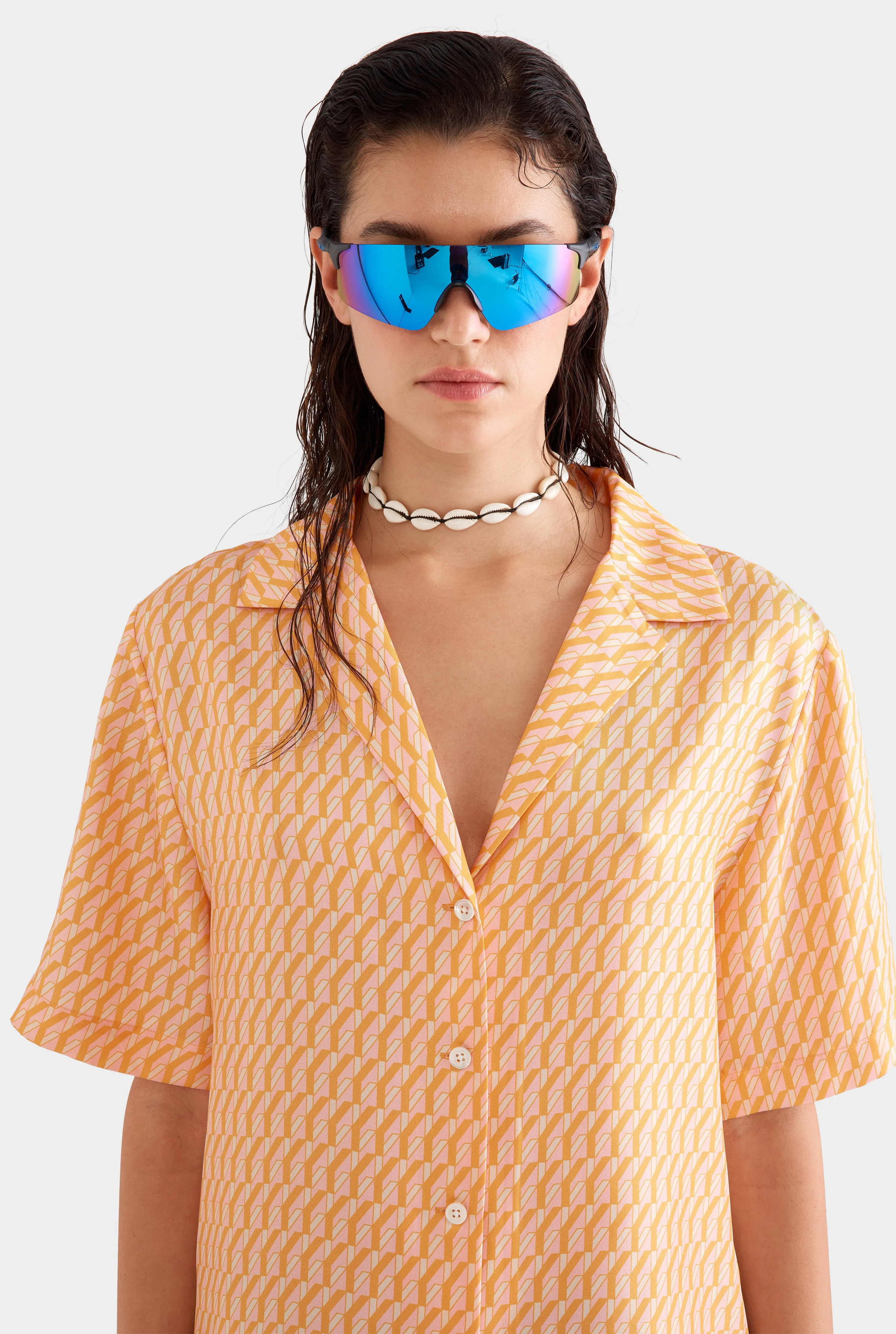 Relaxed Silk Camp Collar Shirt -  Bright Orange/Pink V Monogram