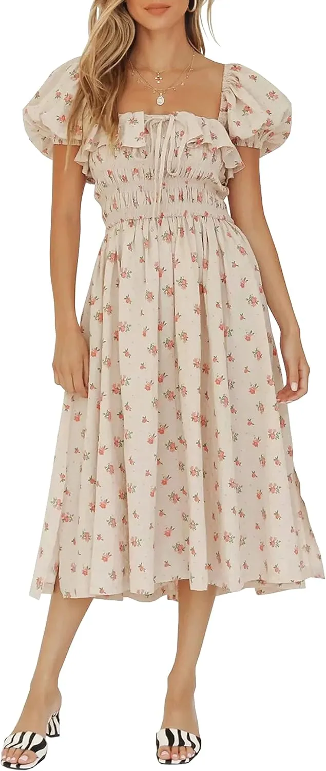 R.Vivimos Womens Summer Floral Print Puff Sleeves Vintage Ruffles Midi Dress