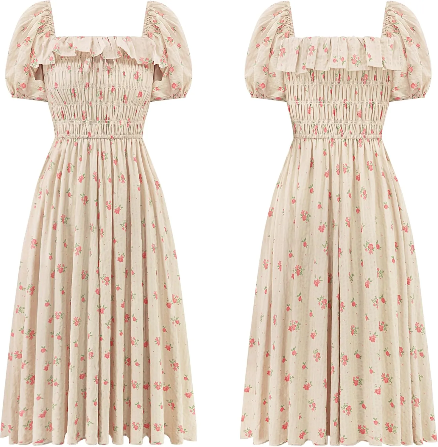 R.Vivimos Womens Summer Floral Print Puff Sleeves Vintage Ruffles Midi Dress