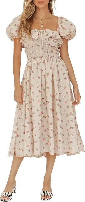 R.Vivimos Womens Summer Floral Print Puff Sleeves Vintage Ruffles Midi Dress