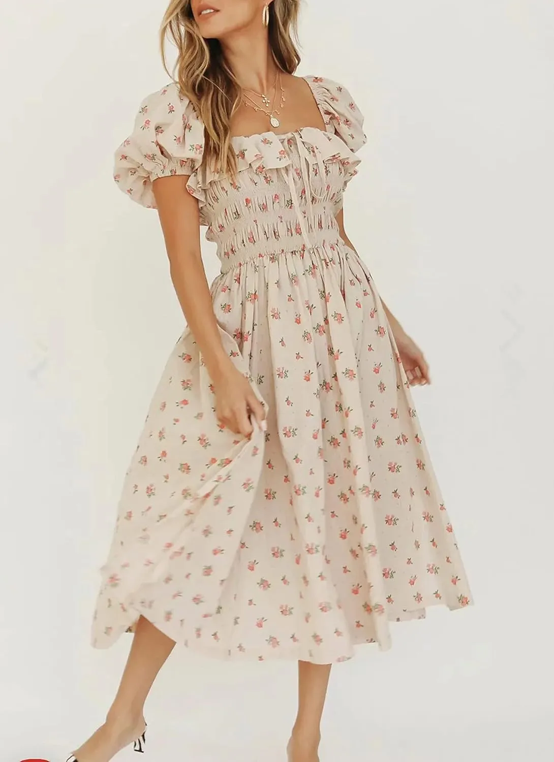 R.Vivimos Womens Summer Floral Print Puff Sleeves Vintage Ruffles Midi Dress