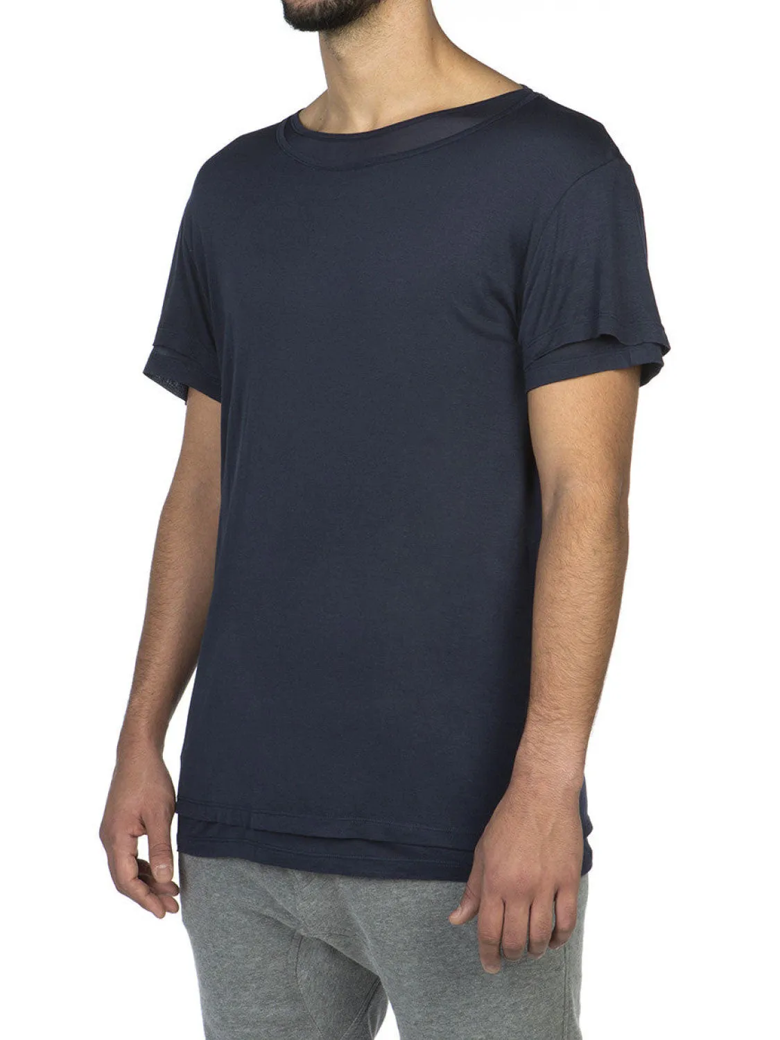 Silk Blend Double Layer Crew Neck T-shirt Navy Blue