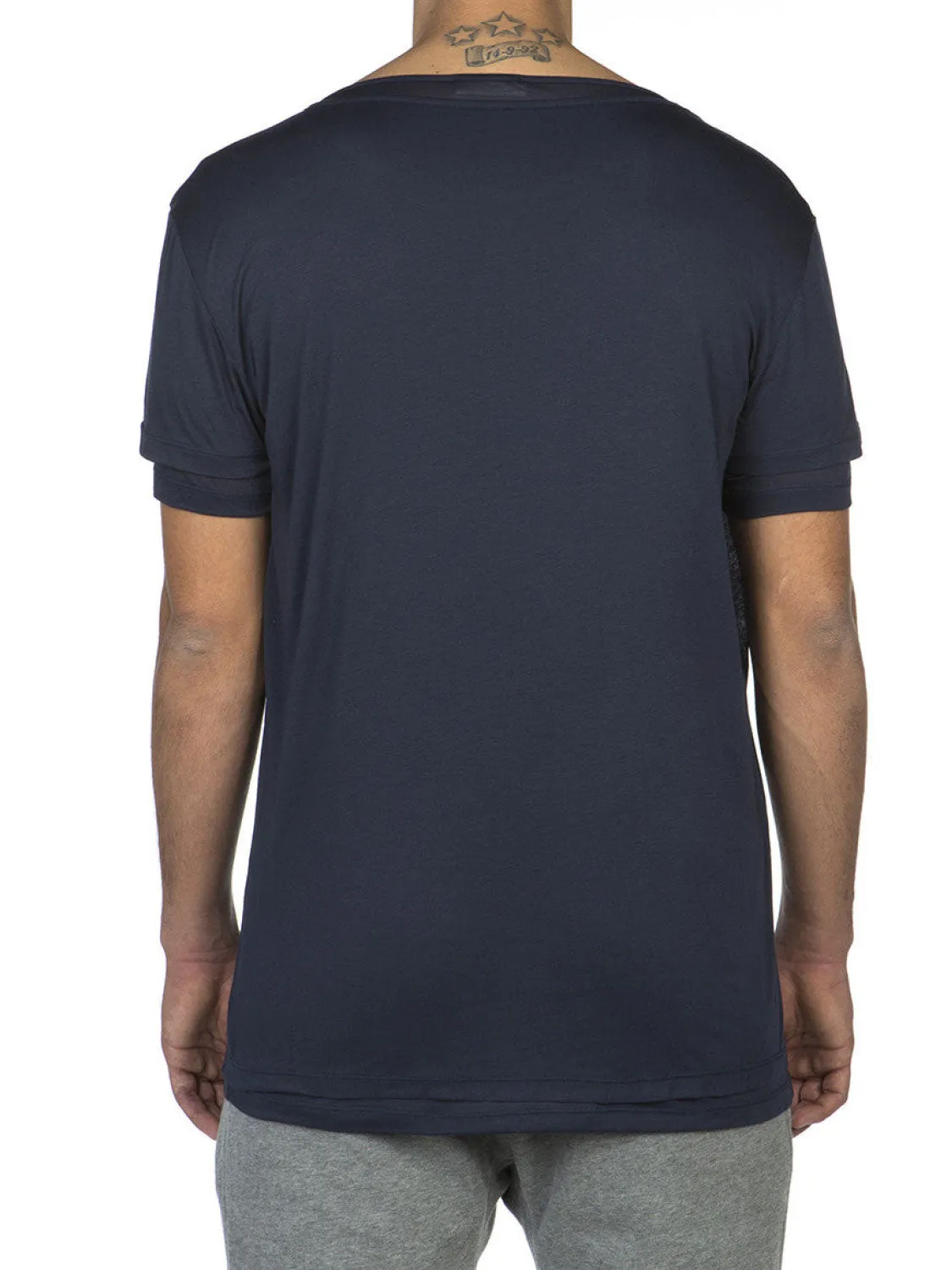 Silk Blend Double Layer Crew Neck T-shirt Navy Blue