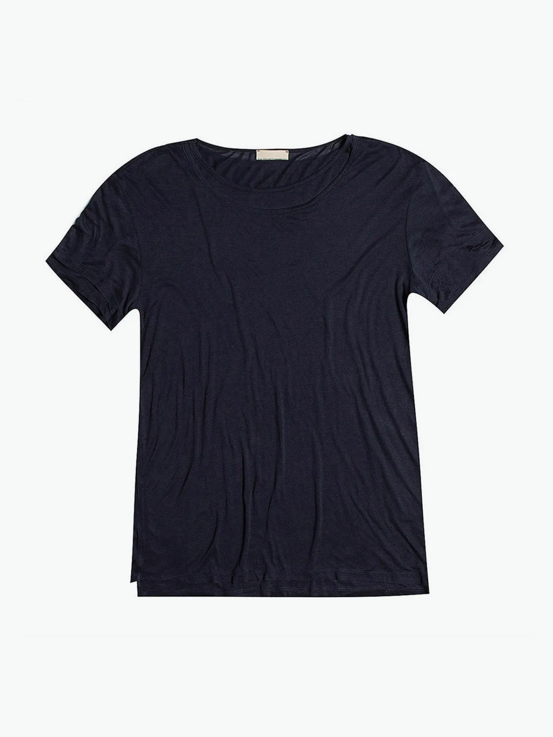 Silk Blend Double Layer Crew Neck T-shirt Navy Blue