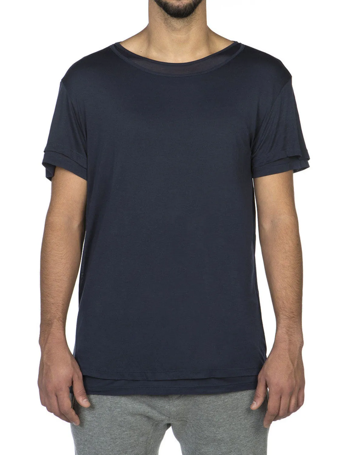 Silk Blend Double Layer Crew Neck T-shirt Navy Blue