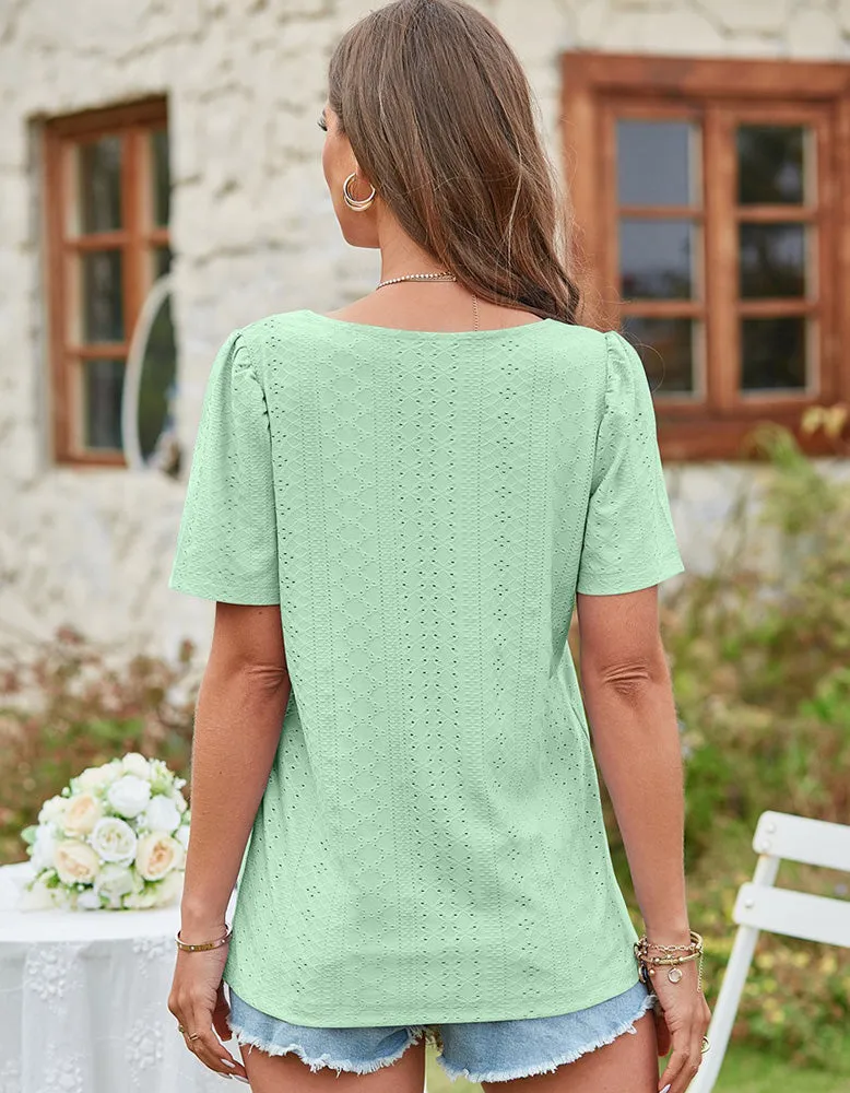 Solid-color Square Neck Cut Out Short Sleeve T-shirt