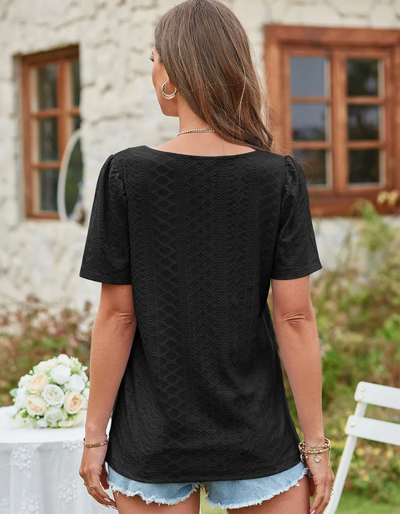 Solid-color Square Neck Cut Out Short Sleeve T-shirt