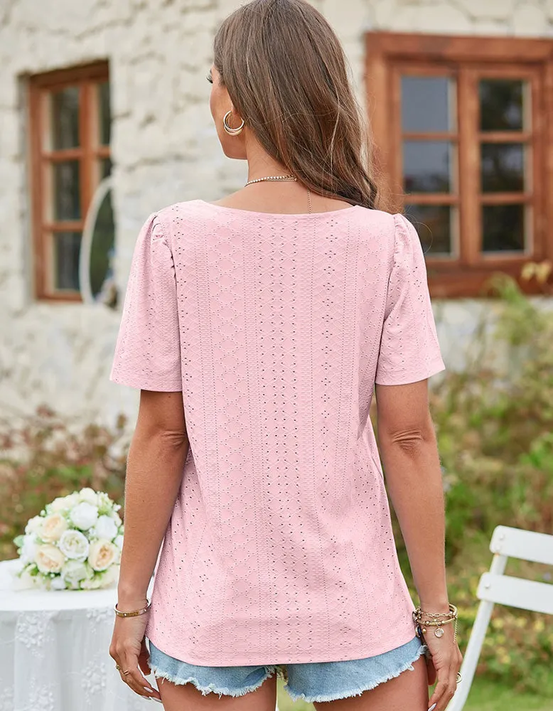Solid-color Square Neck Cut Out Short Sleeve T-shirt