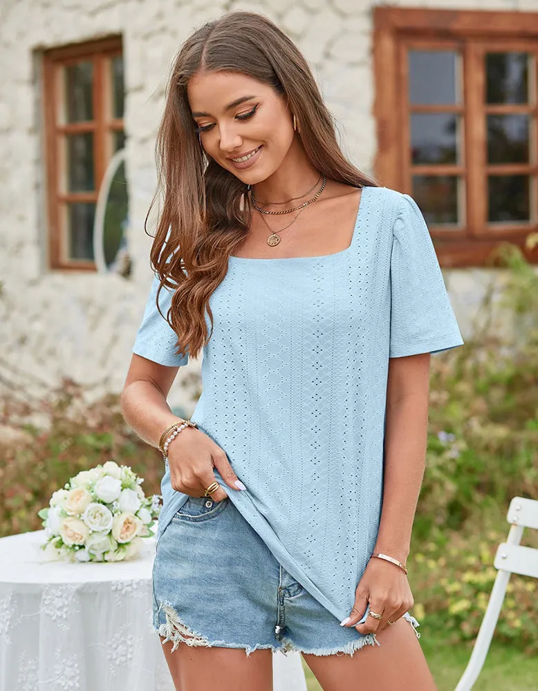 Solid-color Square Neck Cut Out Short Sleeve T-shirt
